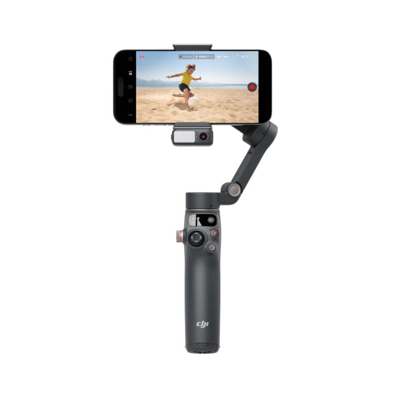 Front view of DJI Osmo Mobile 7P gimbal holding a smartphone in landscape mode