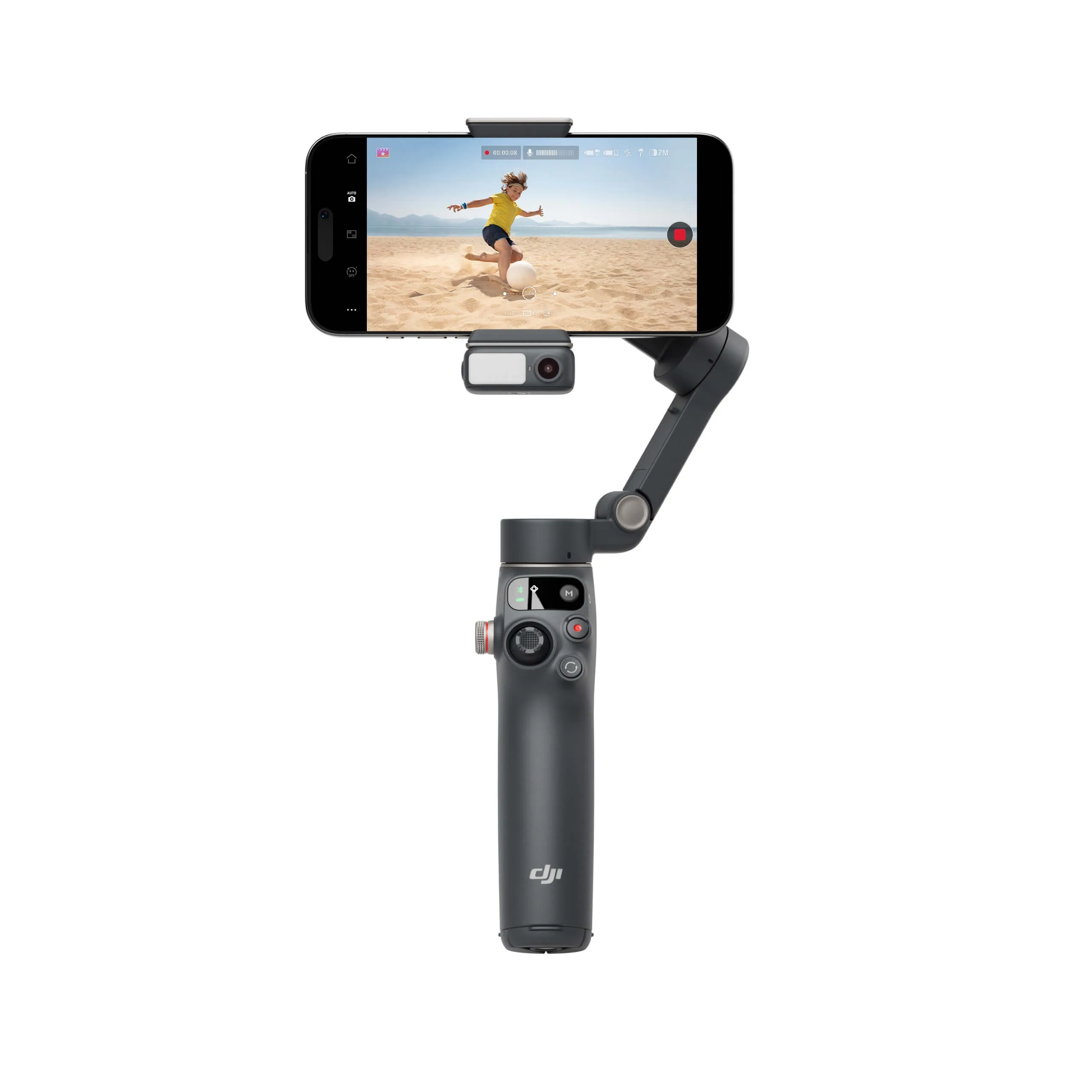 Front view of DJI Osmo Mobile 7P gimbal holding a smartphone in landscape mode