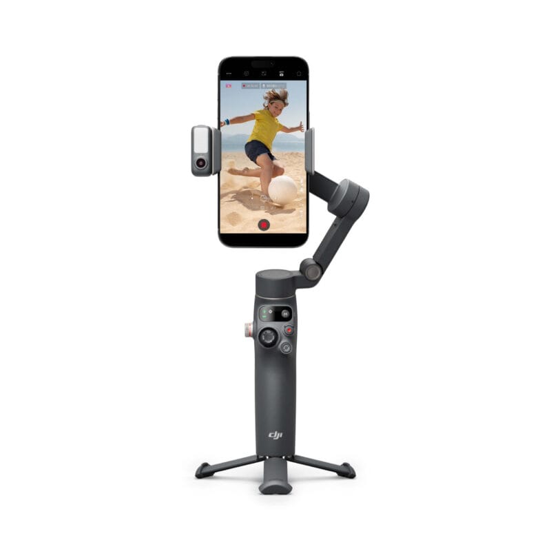 Front view of DJI Osmo Mobile 7P gimbal holding a smartphone in portrait mode